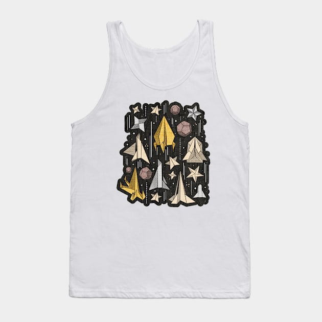 Reaching for the stars // illo // black background ivory grey brown and yellow origami paper asteroids stars and space ships traveling light speed Tank Top by SelmaCardoso